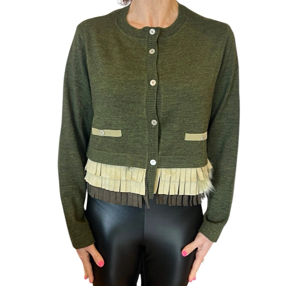 TRICOT CHIC ITALY GREEN  CARDIGAN SWEATER WOOL KNIT  CROP FRINGED FUR DETAIL 8